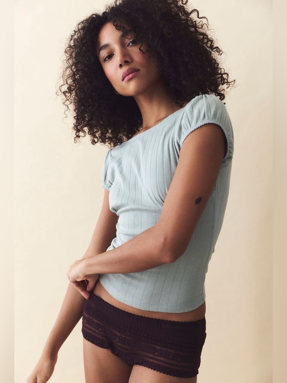 Free People End Game Puffed Baby Tee in Desert Sage NWT